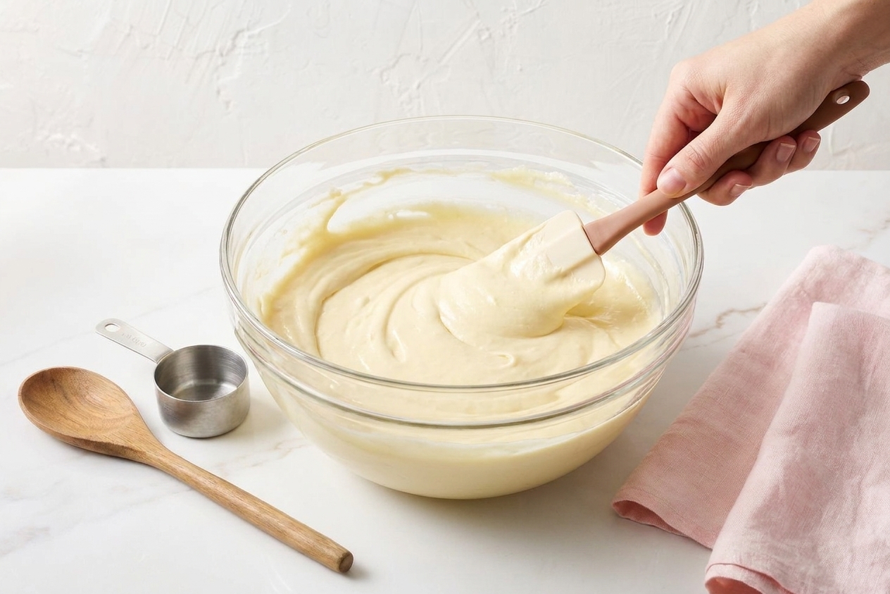 A mixing bowl with smooth cheesecake batter being mixed, showing a creamy texture with a spatula scraping down the sides