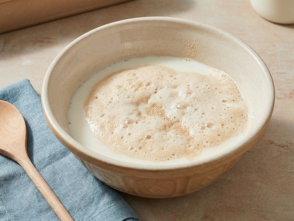 A mixing bowl with warm milk and foamy yeast on the surface, sitting on a wooden kitchen counter