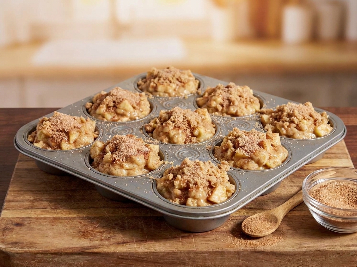 A muffin tin filled with apple muffin batter, each cup topped with cinnamon sugar before baking