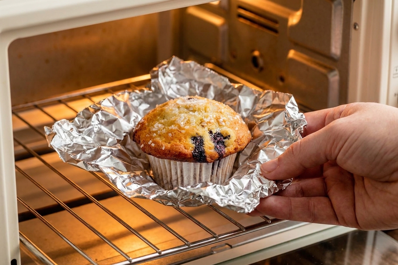 A muffin wrapped in foil being placed onto a toaster oven rack for gentle reheating