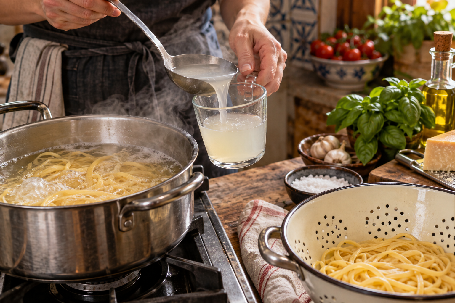 A mug being filled with starchy pasta water beside a pot of boiling pasta on a stovetop