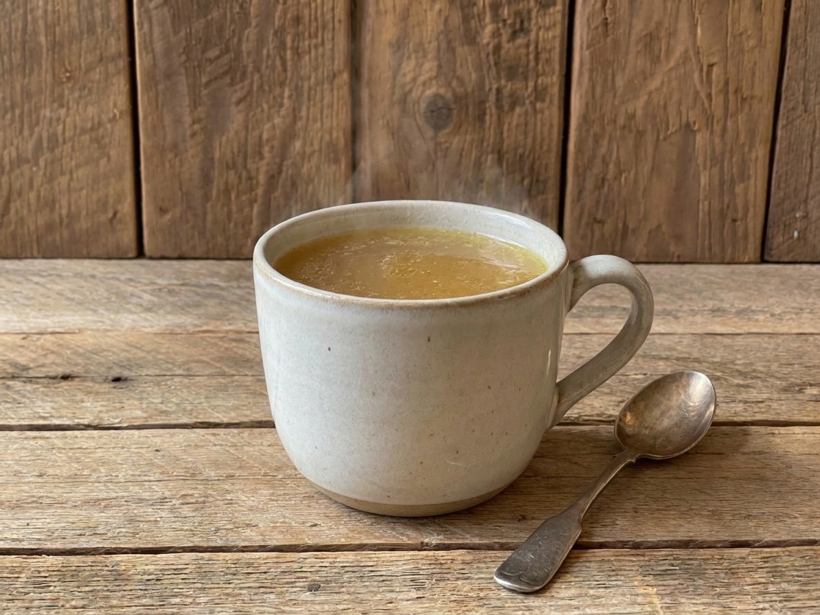 A mug of warm chicken bone broth on a wooden table with a spoon nearby, cozy kitchen lighting