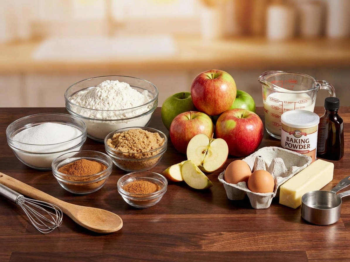 A neat arrangement of ingredients for apple muffins on a kitchen counter, including flour, sugar, cinnamon, apples, eggs, butter, milk, baking powder, and vanilla