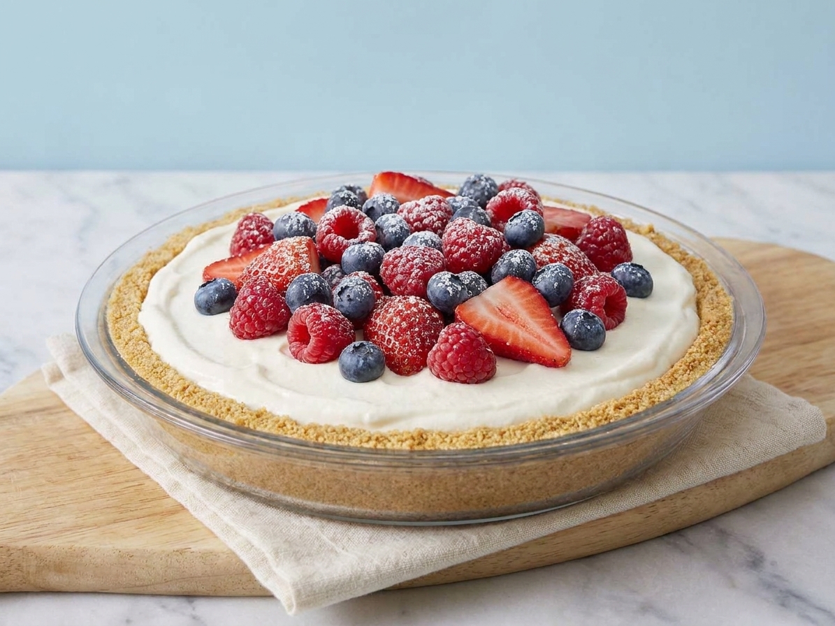A no bake cheesecake in a pie dish topped with fresh mixed berries and a light dusting of powdered sugar on a wooden table