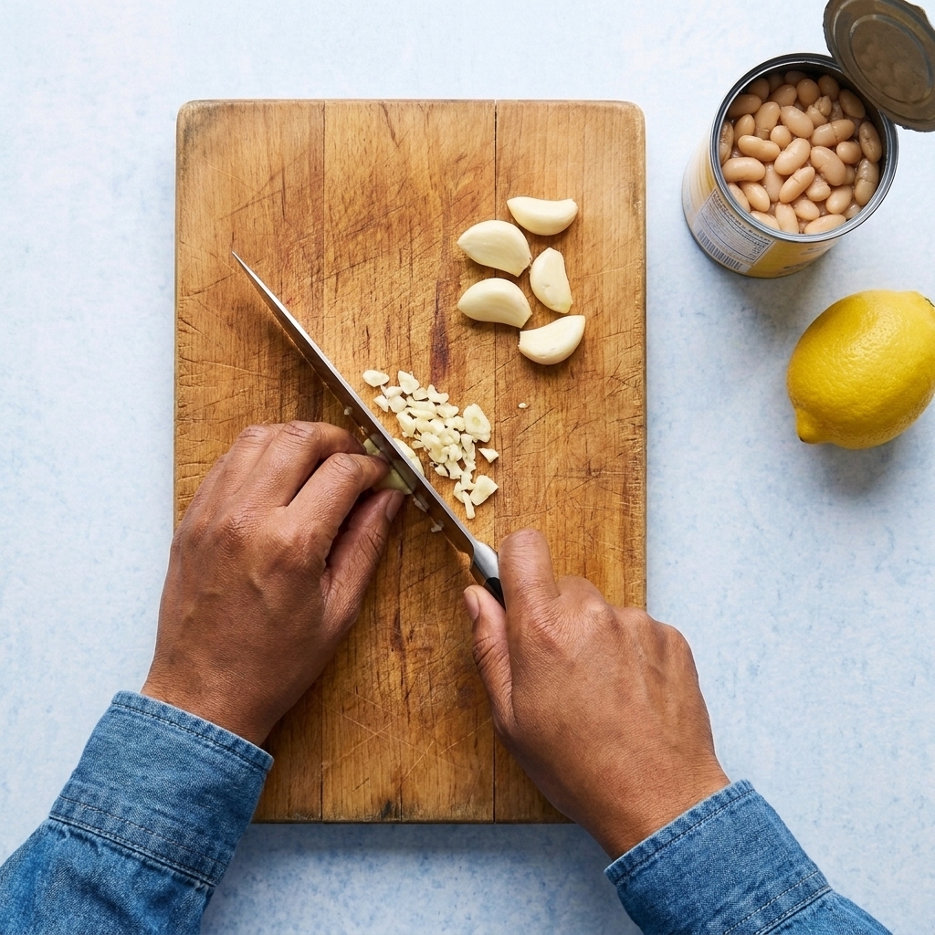 A pair of hands chopping garlic on a wooden cutting board next to canned beans and a lemon on a kitchen counter