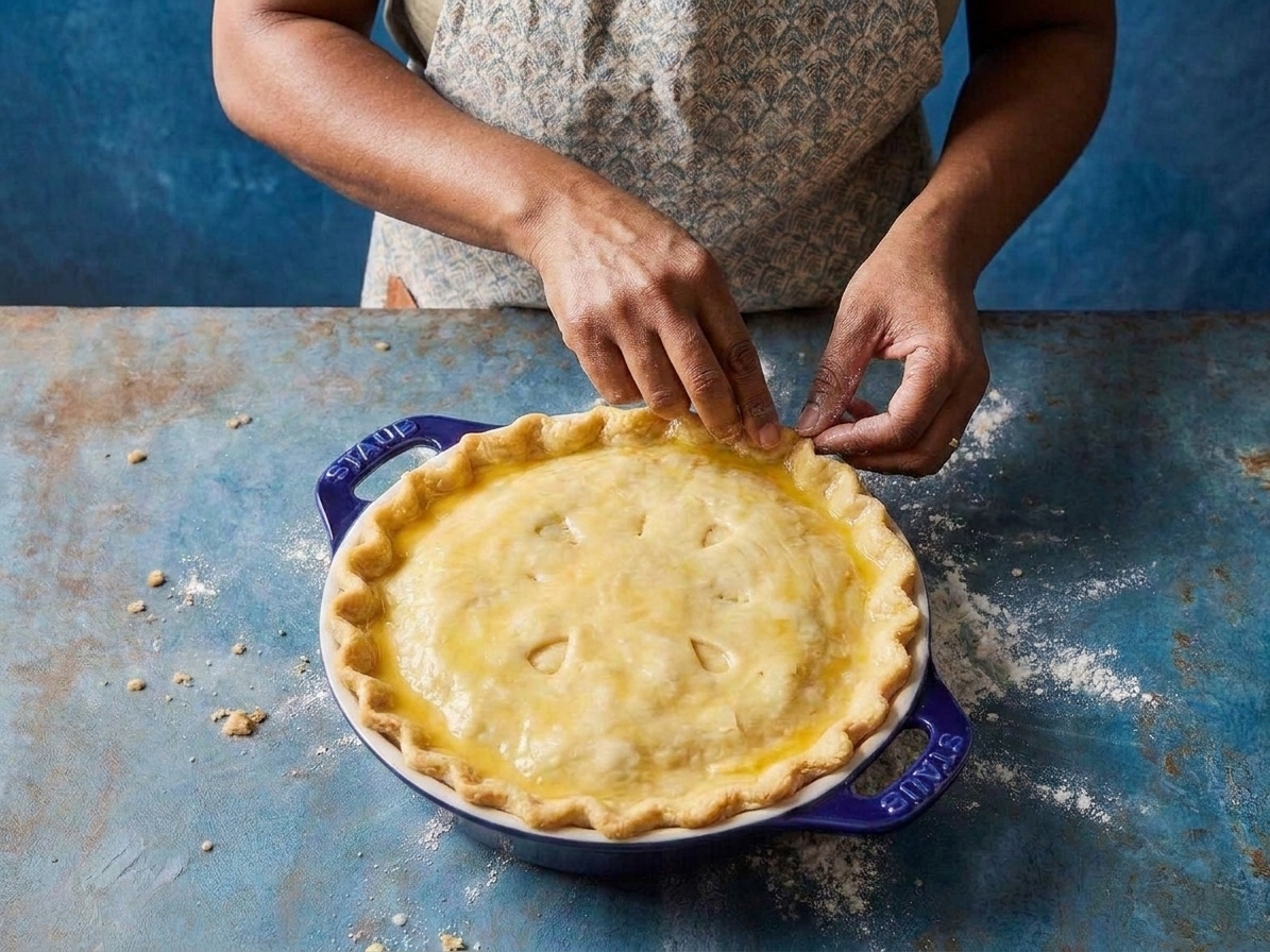 A pair of hands crimping the edge of a pot pie crust on a floured countertop
