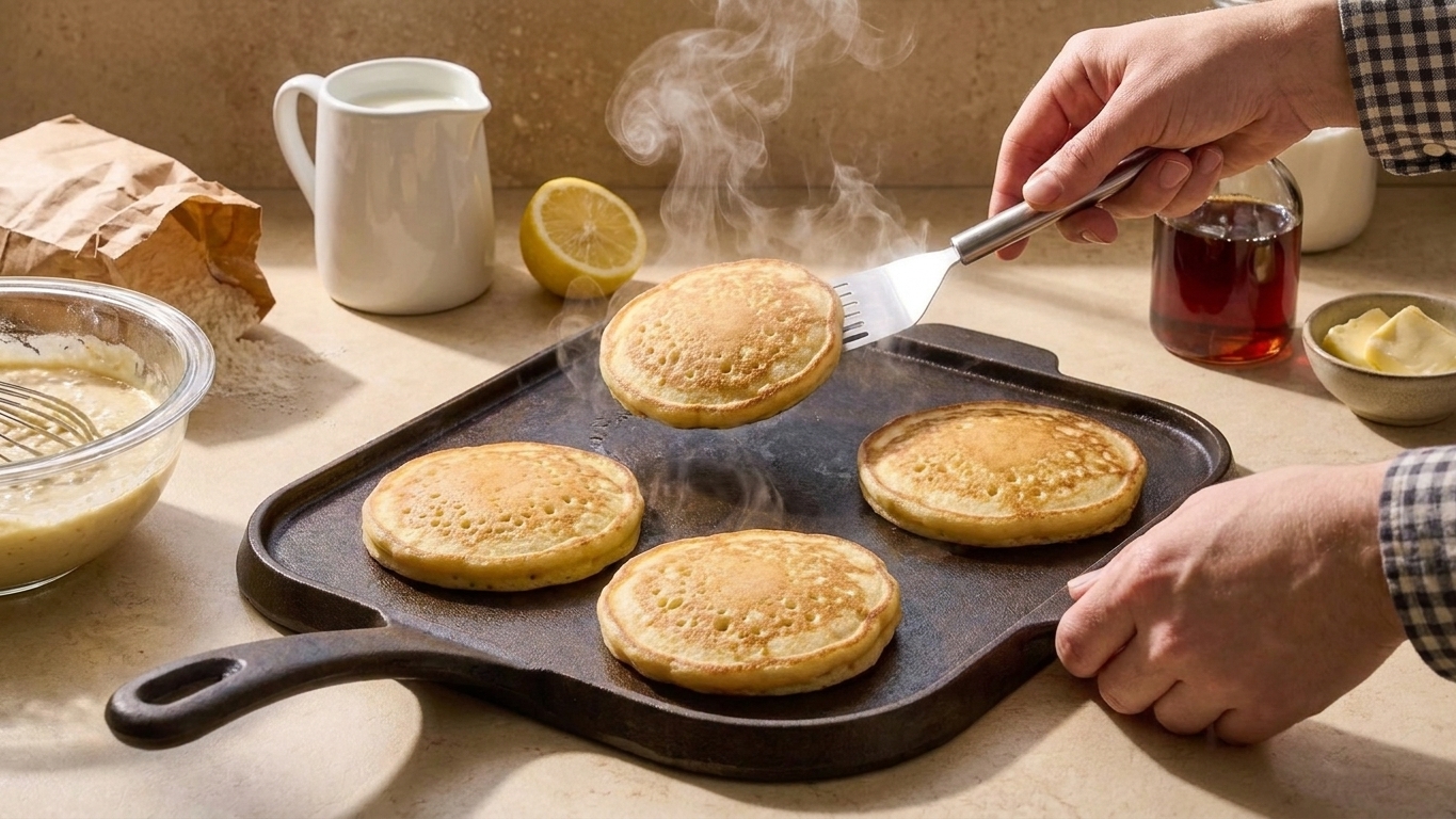 A pair of hands flipping a pancake with a spatula on a hot skillet as steam rises