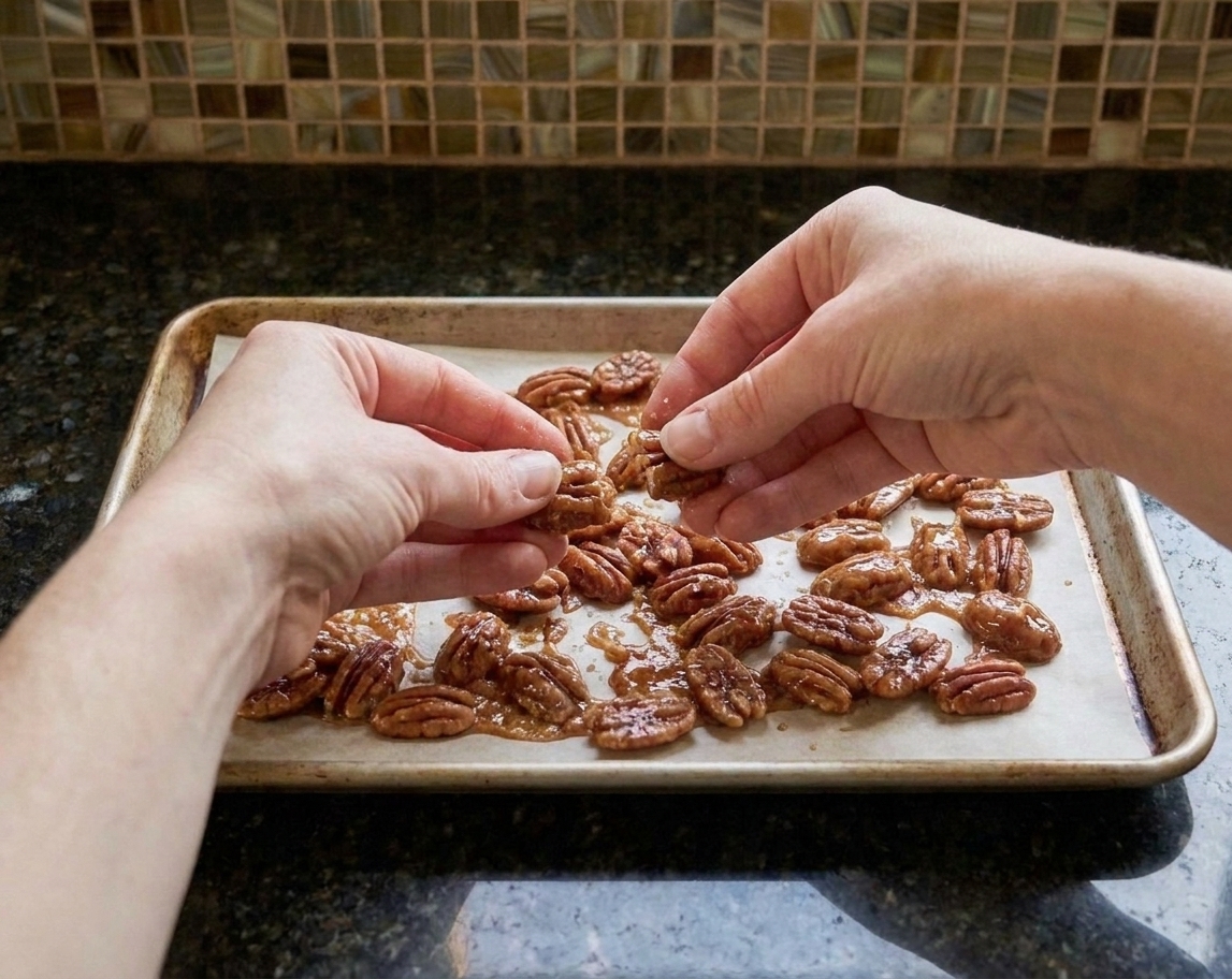 A pair of hands gently breaking cooled praline pecans into smaller clusters over a parchment-lined baking sheet