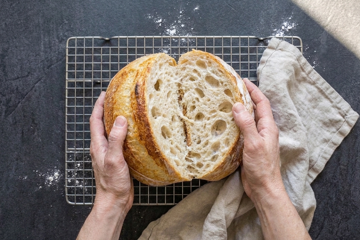 A pair of hands gently tearing open a cooled crusty loaf, showing an airy crumb inside