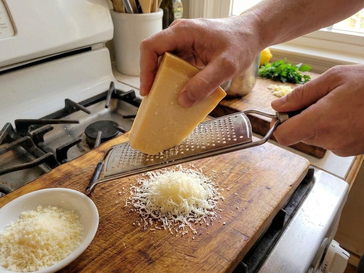 A pair of hands grating a wedge of Parmesan over a cutting board on a kitchen counter