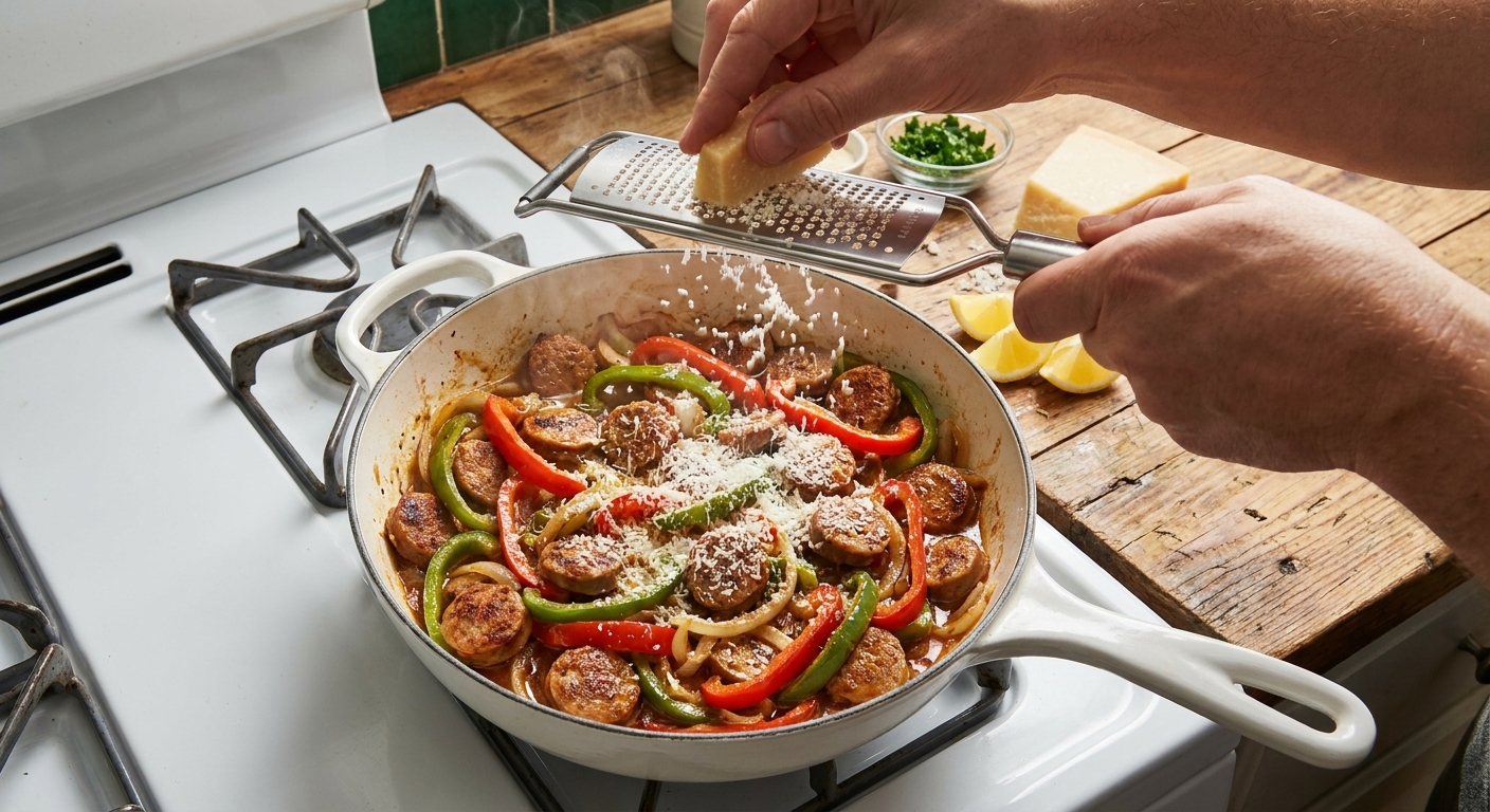 A pair of hands grating fresh parmesan over a hot skillet dinner on a stove
