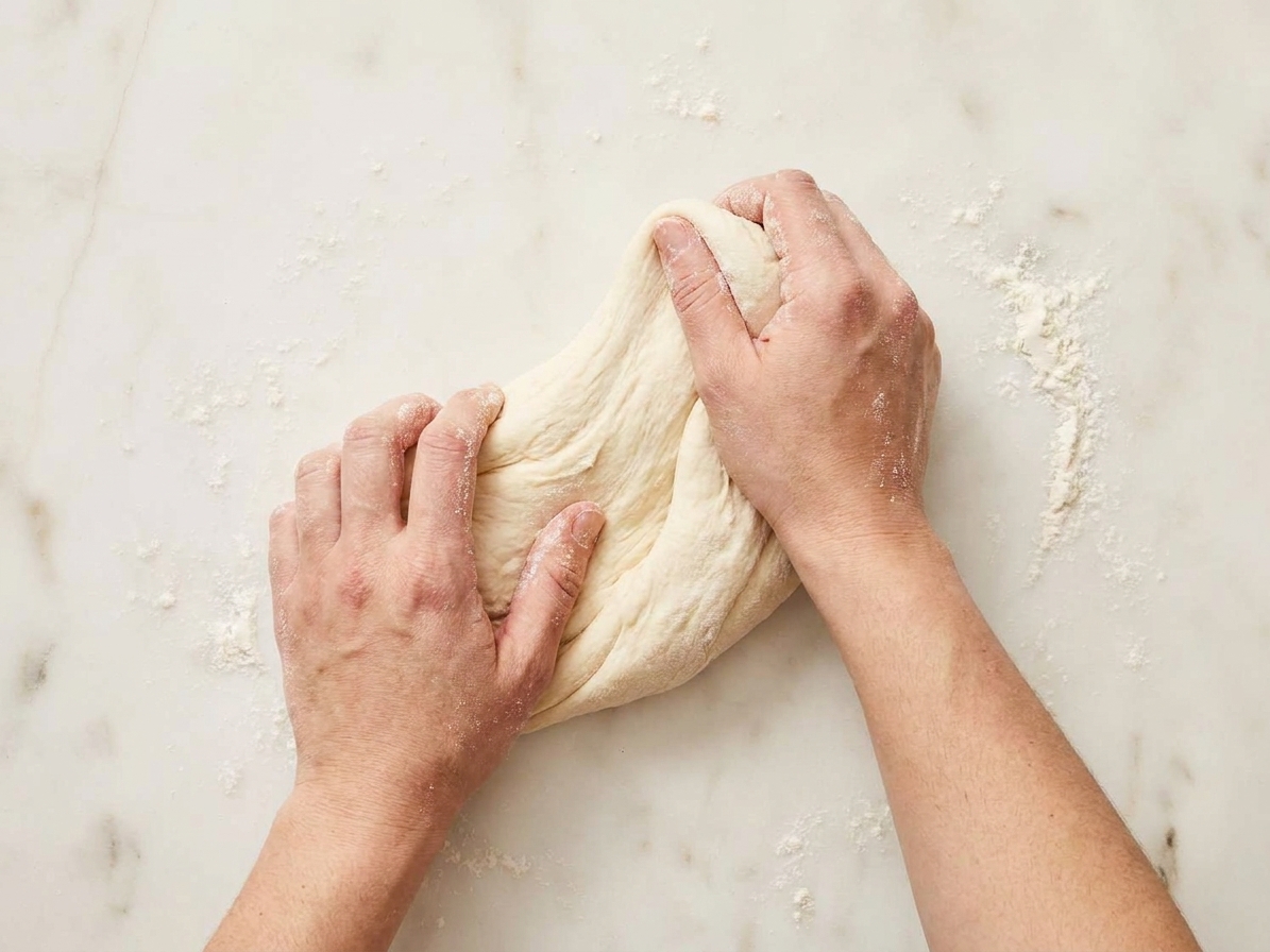 A pair of hands kneading soft pizza dough on a lightly floured kitchen countertop, dough stretching and folding