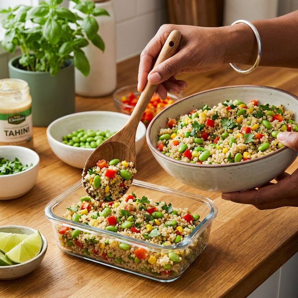 A pair of hands portioning a quinoa and edamame bowl into a glass meal prep container on a home kitchen counter