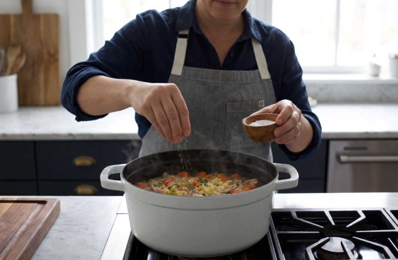A pair of hands seasoning a pot of chicken soup on the stove with salt and black pepper