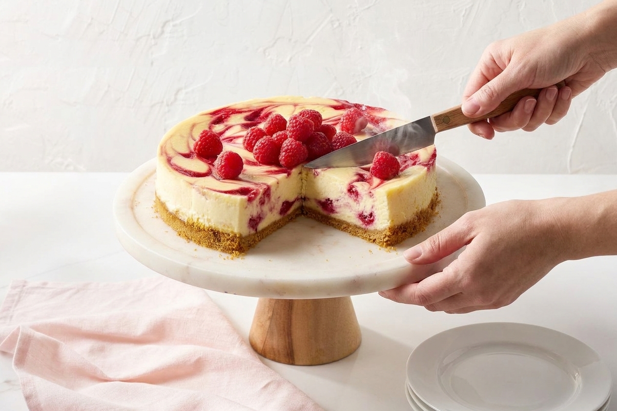 A pair of hands slicing a chilled raspberry swirl cheesecake with a knife that has been dipped in hot water, creating a clean slice