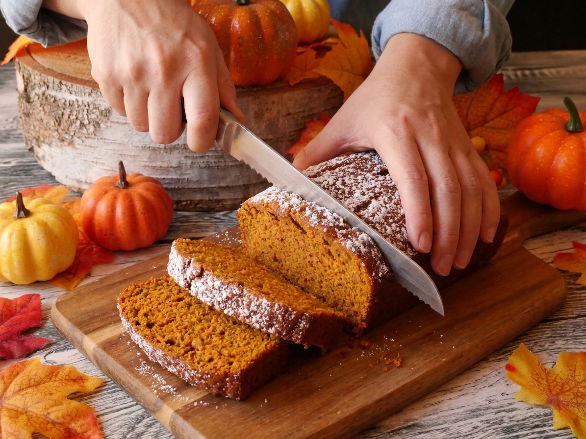 A pair of hands slicing a cooled loaf of pumpkin bread on a cutting board in a cozy home kitchen