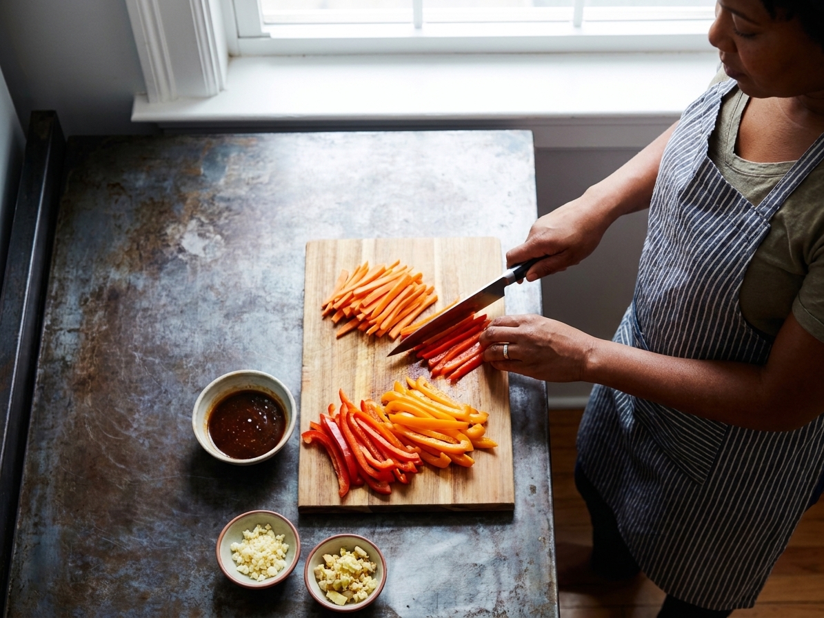 A pair of hands slicing bell peppers and carrots into thin strips on a wooden cutting board for stir-fry prep