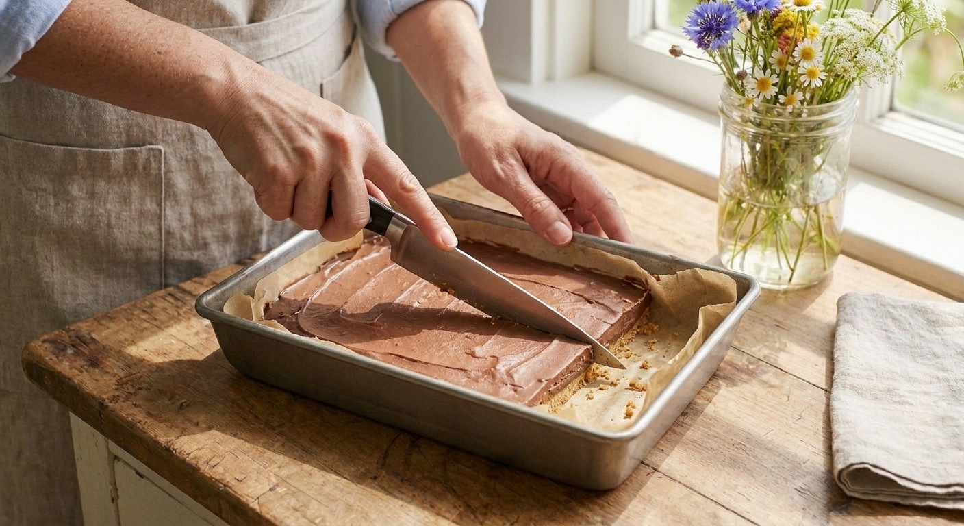 A pair of hands slicing chilled no-bake dessert bars in a metal pan on a kitchen counter