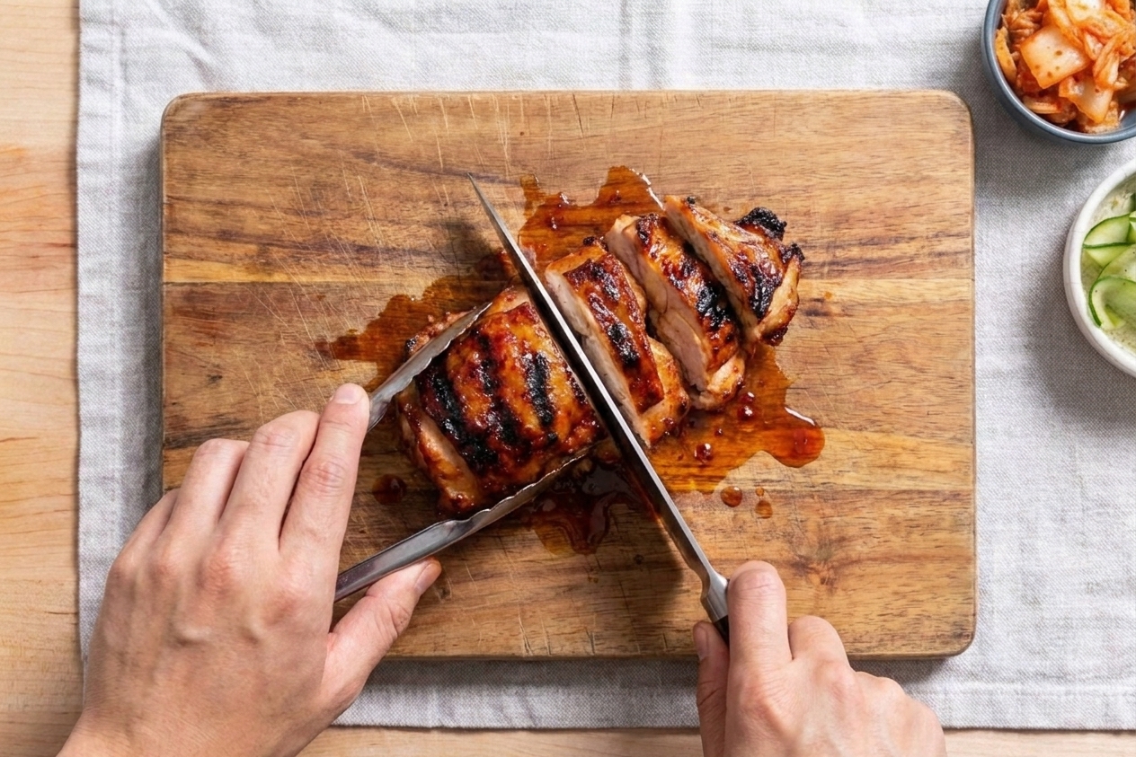 A pair of hands slicing rested Korean BBQ chicken on a wooden cutting board, with juices and glaze pooling slightly