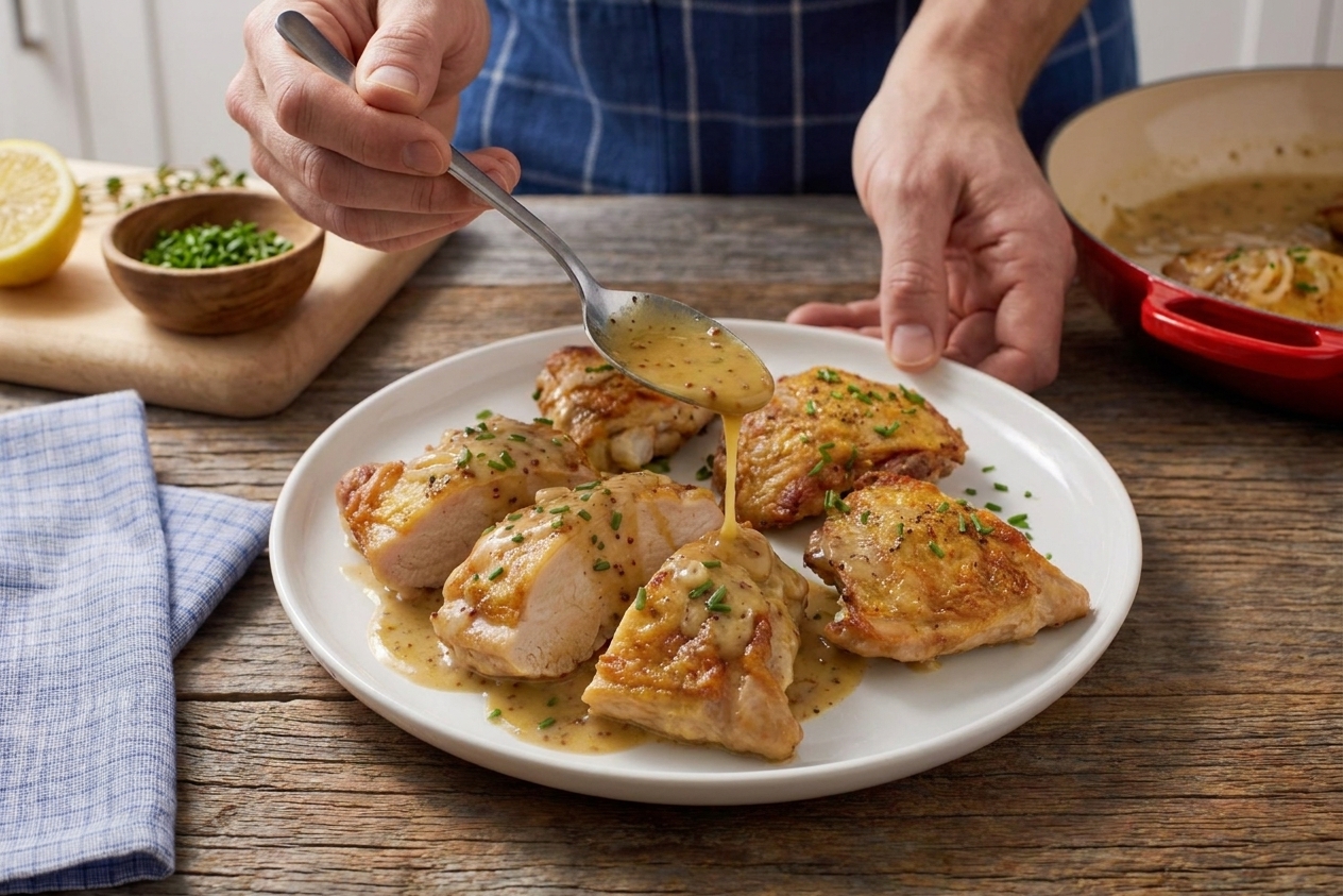 A pair of hands spooning glossy honey mustard sauce over sliced chicken on a serving plate on a home kitchen counter