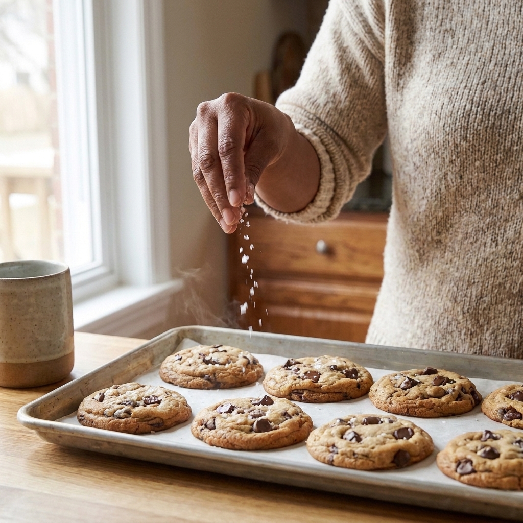 A pair of hands sprinkling flaky sea salt over warm chocolate chip cookies on a baking sheet