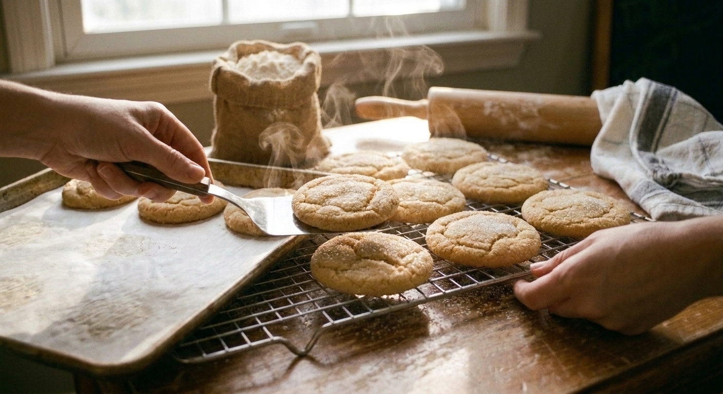 A pair of hands transferring warm sugar cookies from a baking sheet to a wire cooling rack in a home kitchen