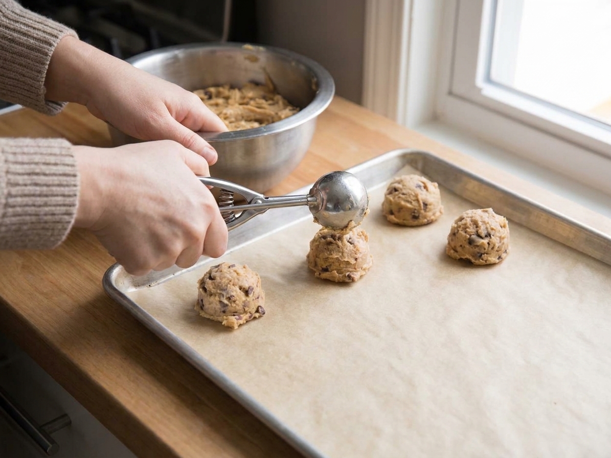 A pair of hands using a cookie scoop to portion chocolate chip cookie dough onto a parchment-lined baking sheet on a home kitchen counter