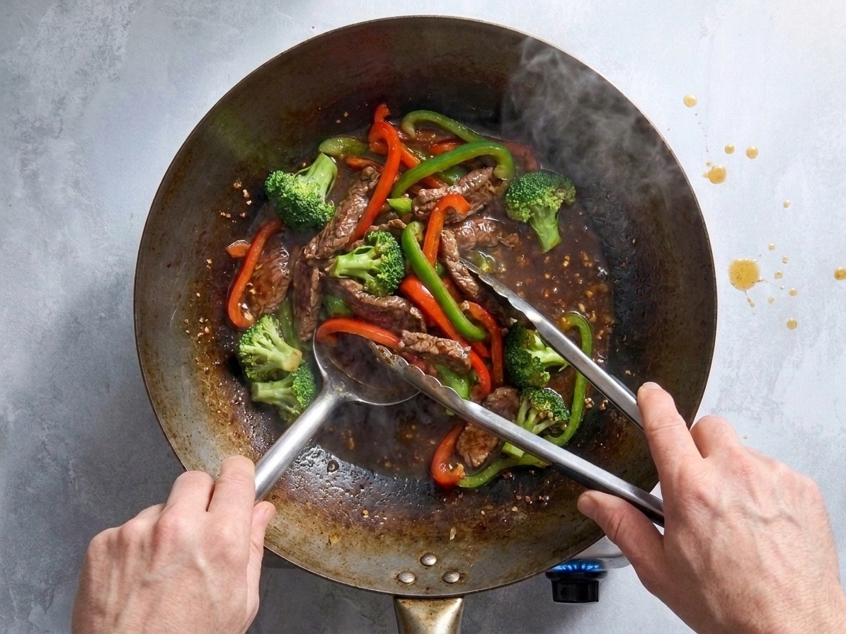 A pair of hands using tongs to toss beef and vegetables in a glossy sauce in a skillet on the stove