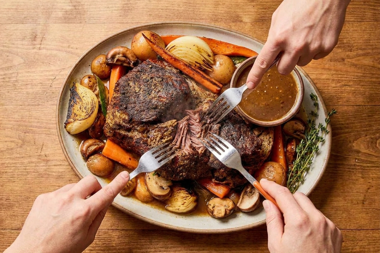 A pair of hands using two forks to shred tender pot roast on a platter with carrots and onions nearby
