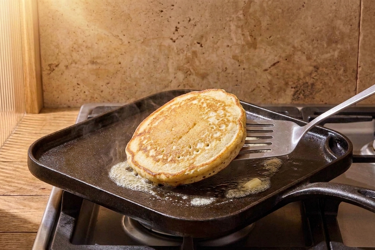 A pancake being flipped with a thin spatula in a lightly buttered skillet on a stovetop
