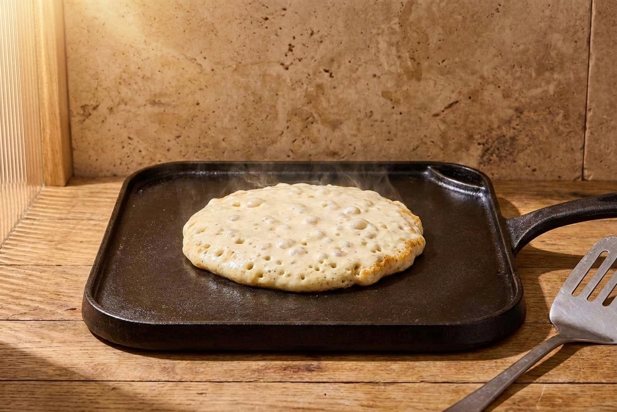 A pancake cooking on a griddle with bubbles forming across the surface and edges beginning to set