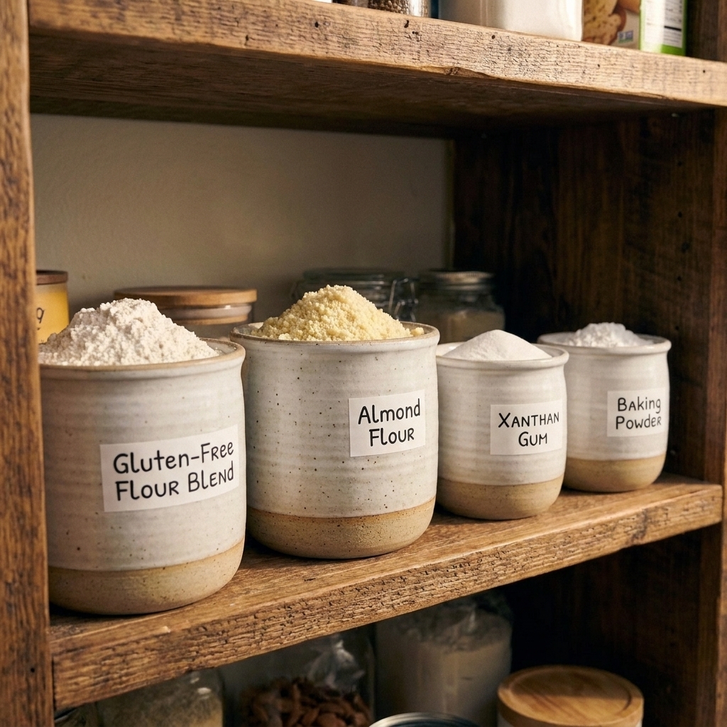 A pantry shelf with jars of gluten-free flour blend, almond flour, xanthan gum, and baking powder