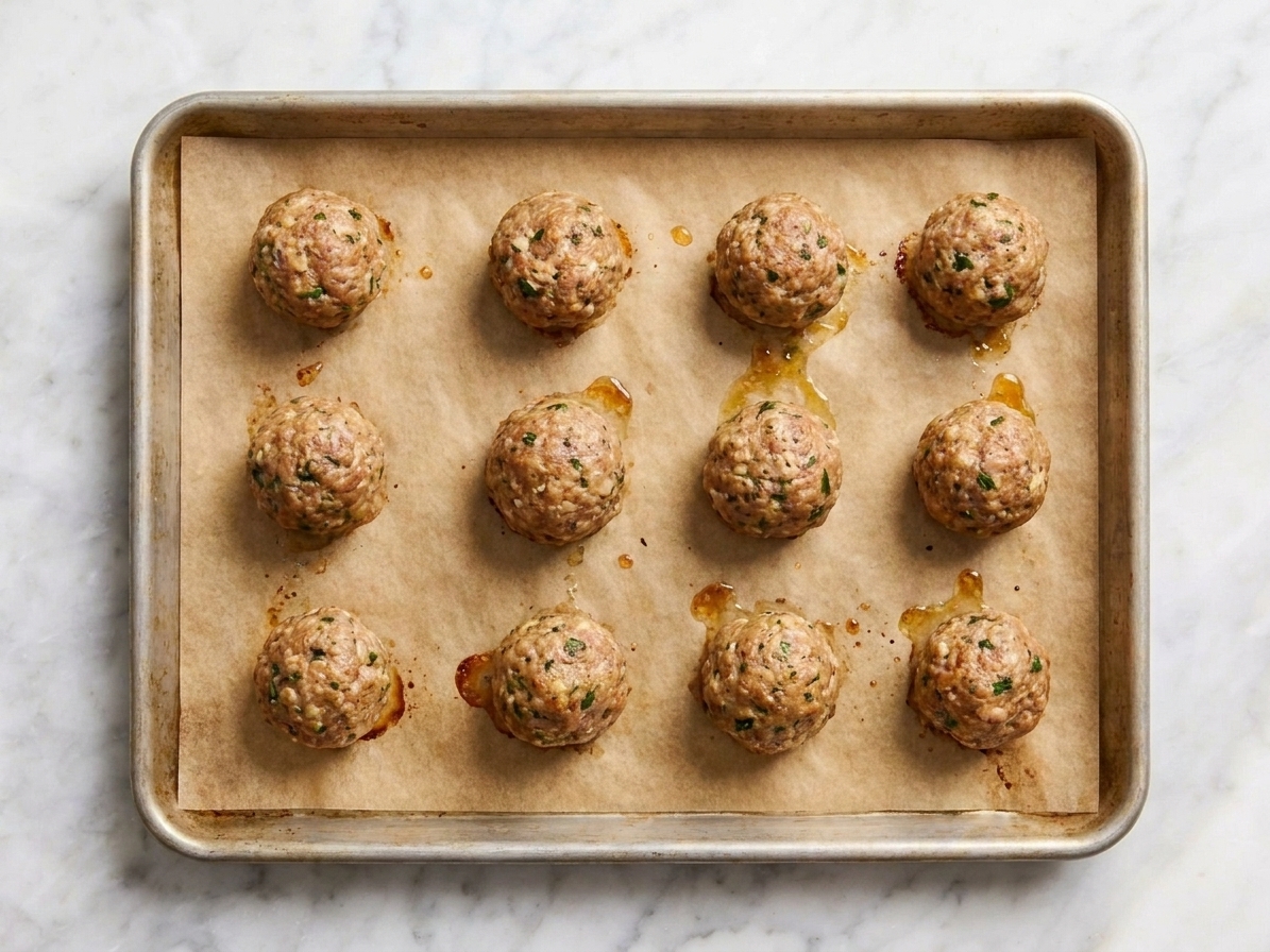 A parchment-lined baking sheet filled with evenly spaced meatballs, lightly browned and ready to serve
