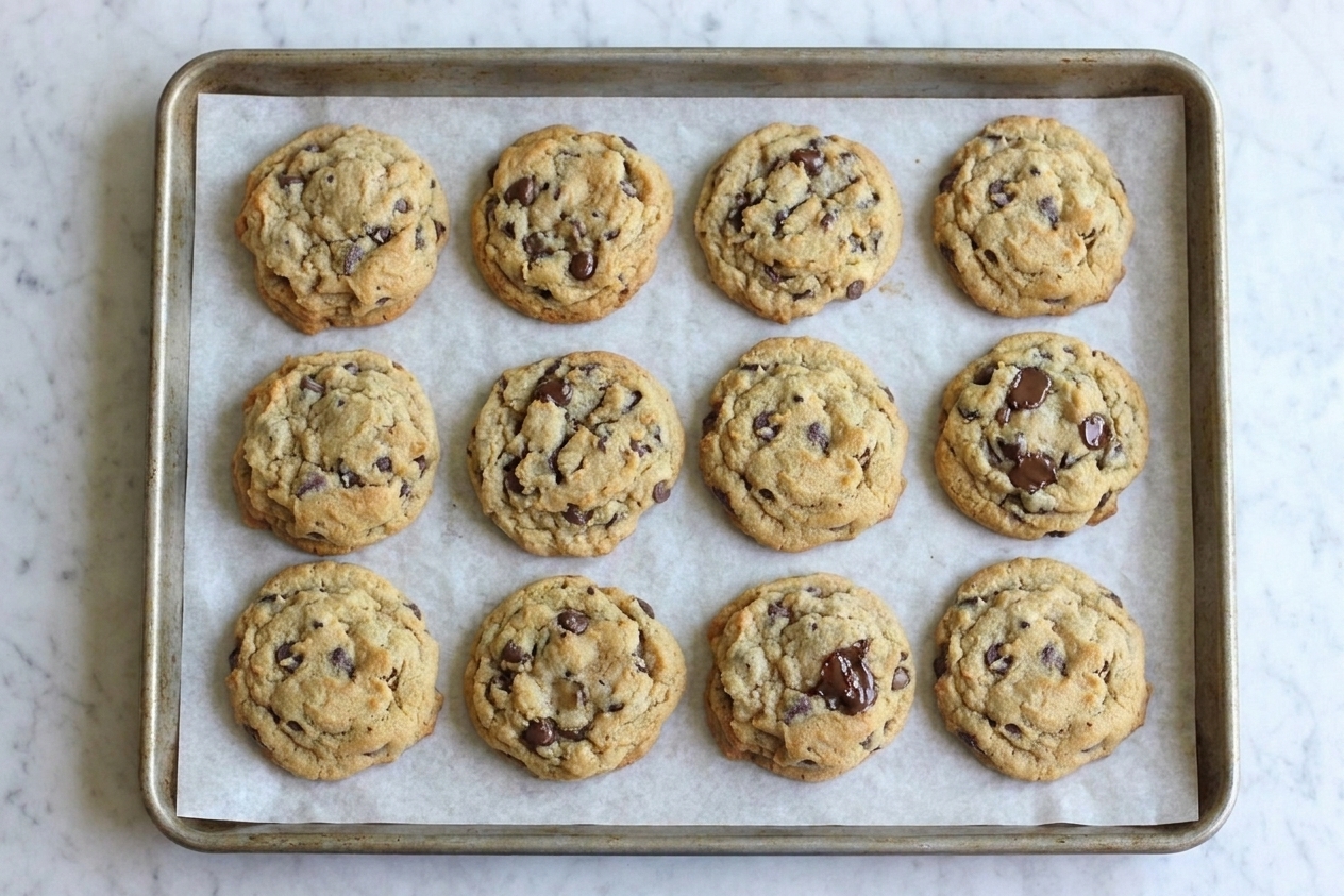 A parchment-lined baking sheet holding thick chocolate chip cookies with lightly golden edges and soft centers just out of the oven