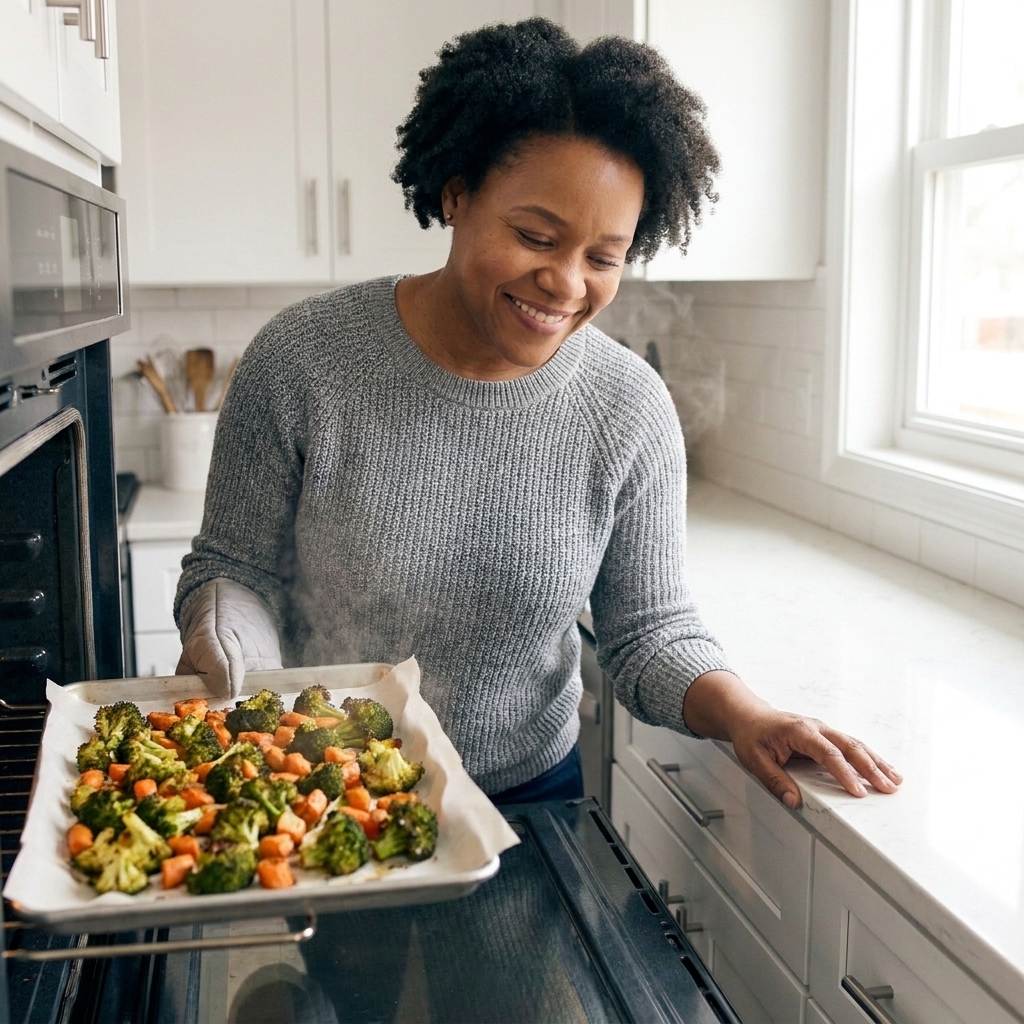 A parchment-lined sheet pan of roasted broccoli and carrots being pulled from an oven with browned edges
