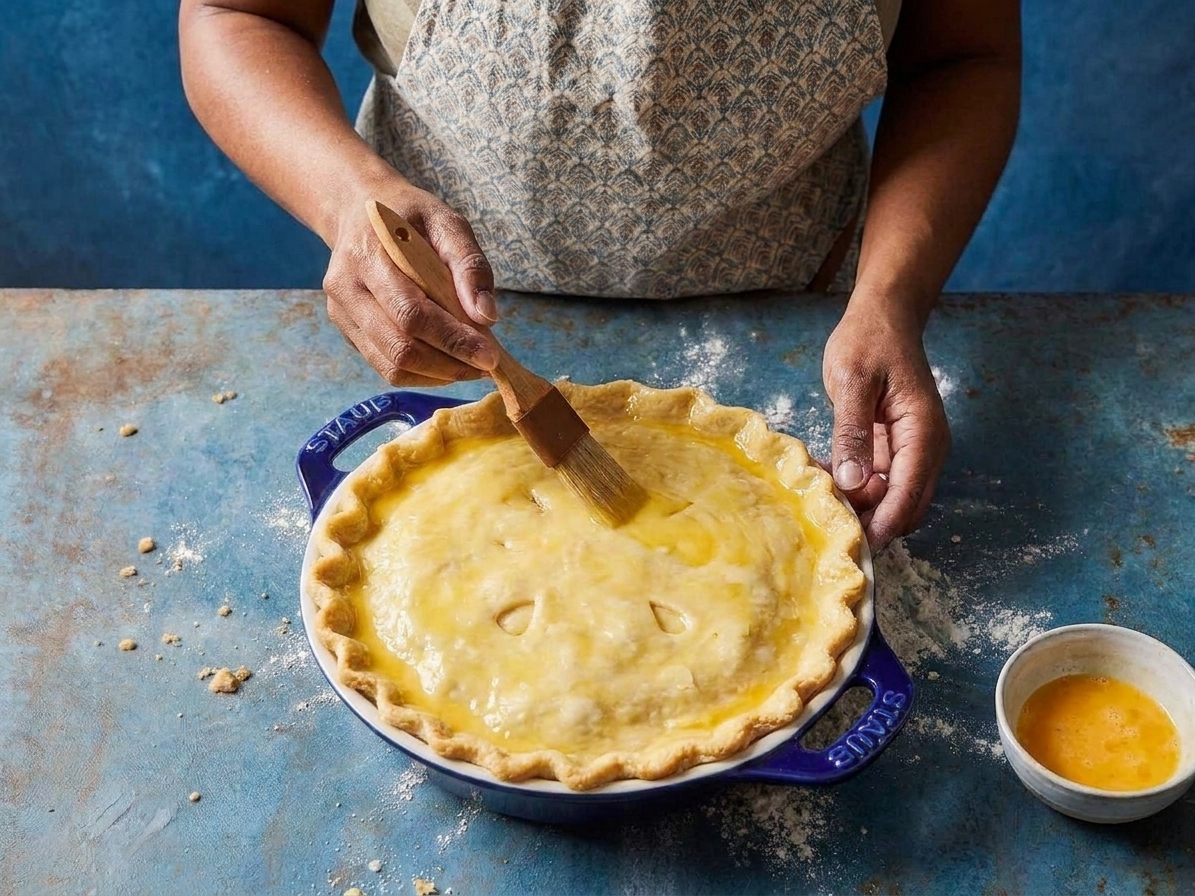 A pastry brush painting egg wash over an unbaked pot pie top crust in a ceramic dish