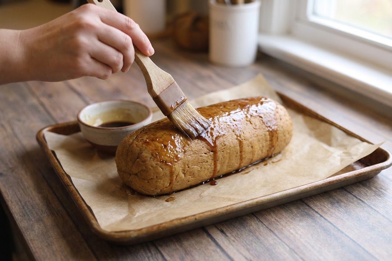 A pastry brush painting maple soy glaze onto a vegan roast on a rimmed baking sheet