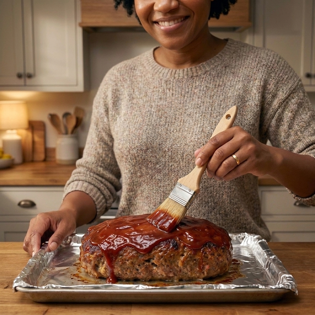 A pastry brush spreading glossy ketchup-based glaze over a partially baked meatloaf on a foil-lined baking sheet