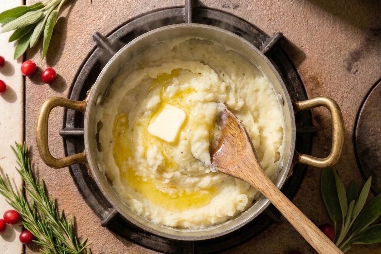 A pat of butter melting into freshly mashed potatoes in a pot as a wooden spoon stirs