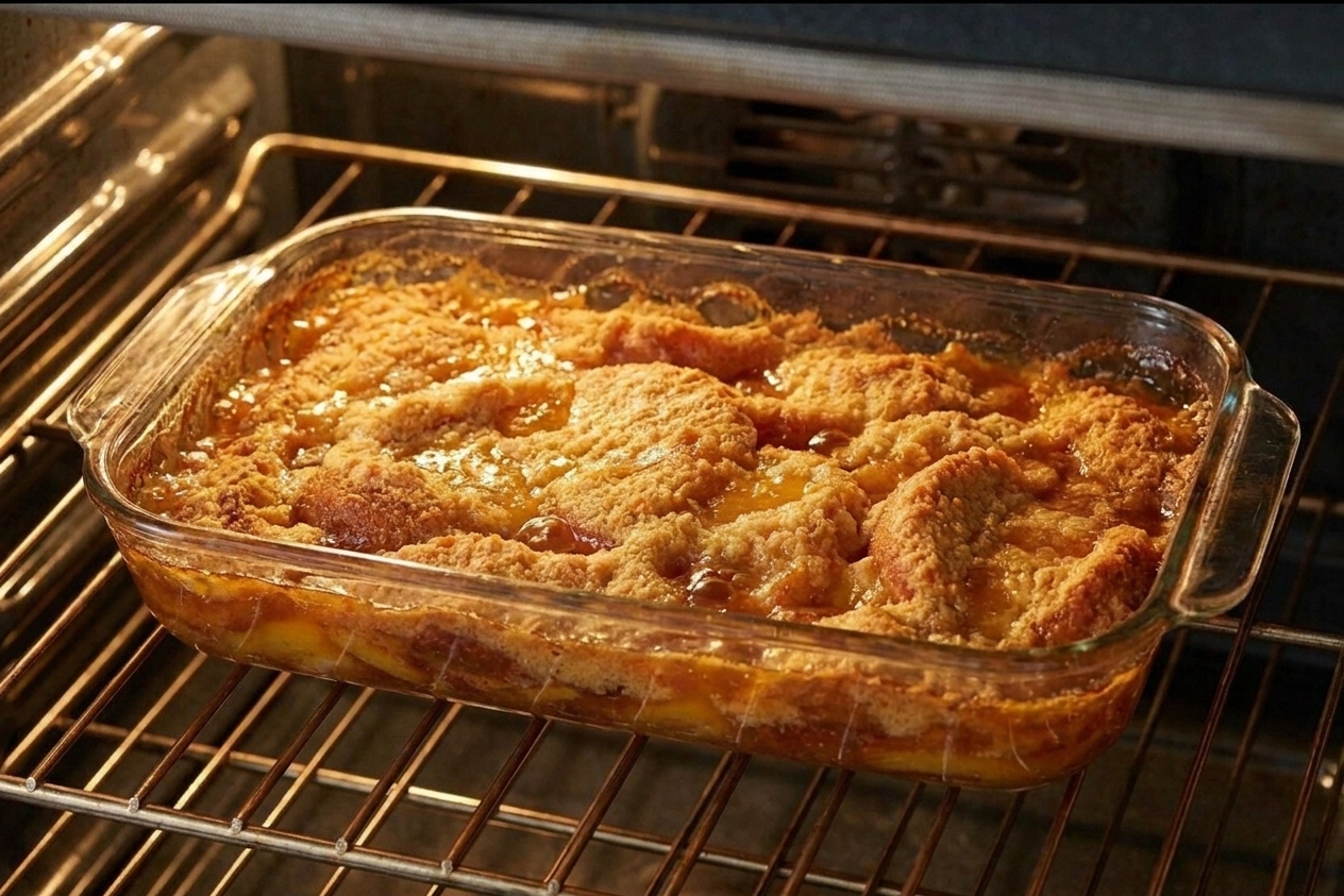 A peach cobbler baking in an oven with a golden top and bubbling peach syrup at the edges