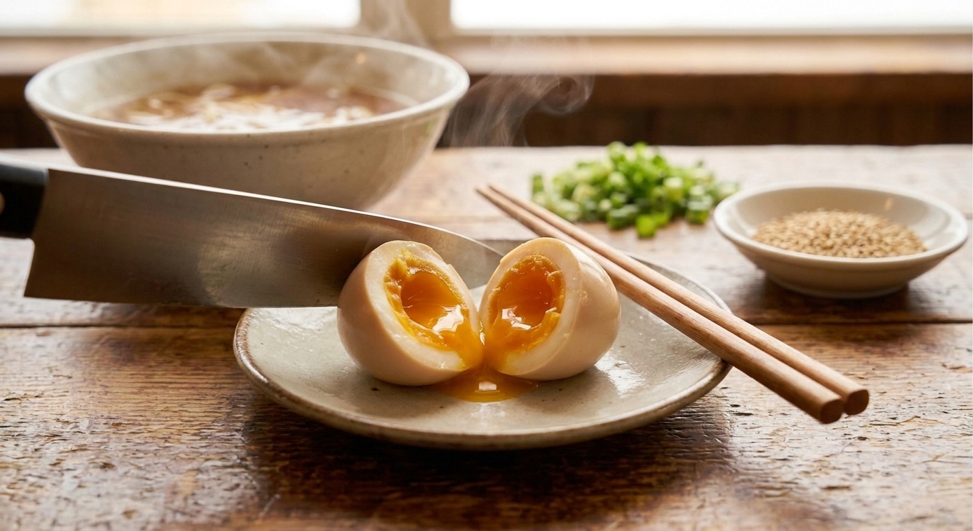 A peeled soft-boiled egg being sliced in half, showing a jammy yolk ready for ramen