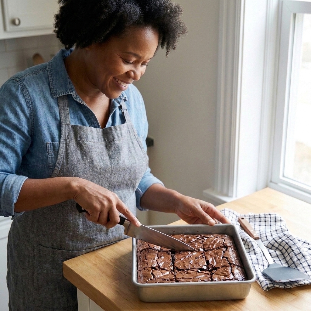 A person slicing cooled brownies in a pan with a large chef’s knife on a wooden cutting board