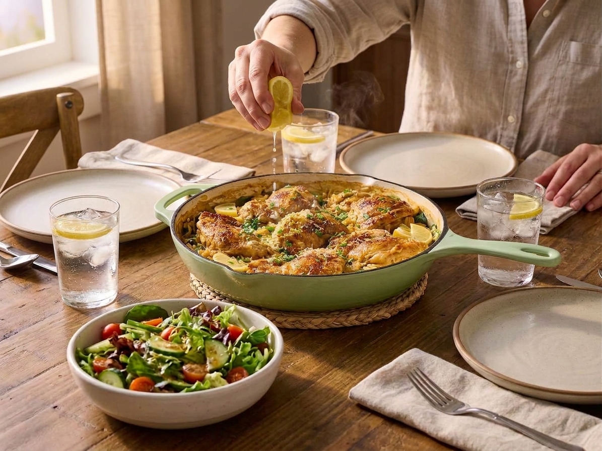 A person squeezing a fresh lemon wedge over a skillet of creamy orzo and chicken right before serving