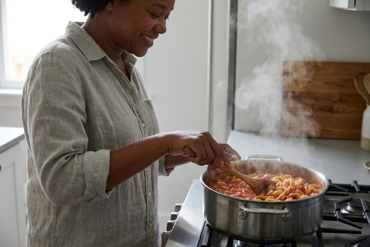 A person stirring a pot of pasta on a stovetop with steam rising and a wooden spoon in hand