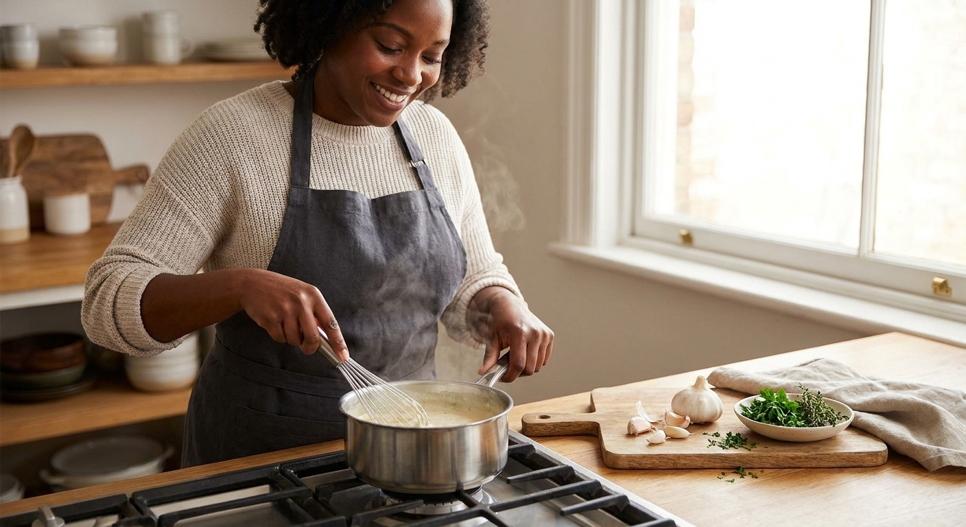 A person whisking a creamy dairy-free sauce in a saucepan on the stove, with garlic and herbs nearby