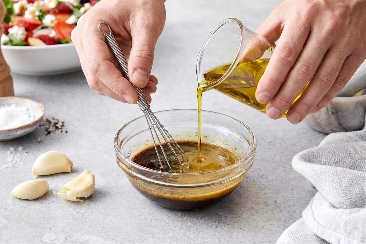 A person whisking balsamic vinaigrette in a small bowl with a steady stream of olive oil being poured in