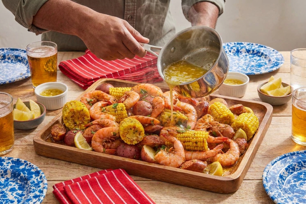 A person’s hands pouring warm lemon garlic butter over a steaming shrimp boil on a large serving tray