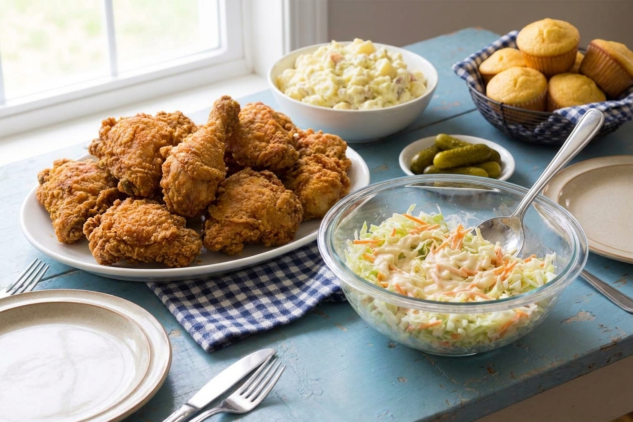A picnic table setting with a platter of fried chicken, a bowl of creamy coleslaw, and simple summer side dishes