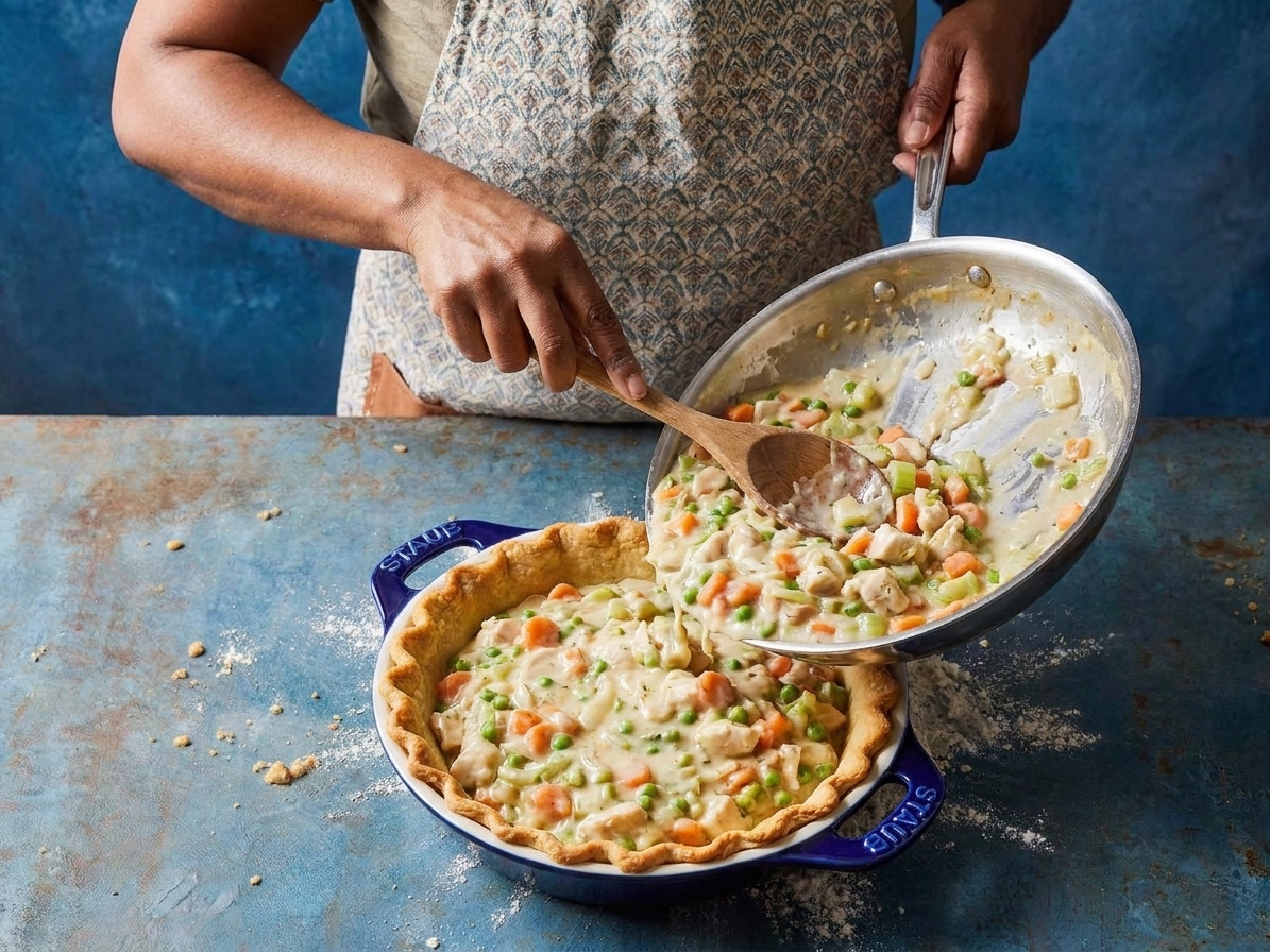 A pie dish with bottom crust being filled with creamy chicken and vegetable filling on a kitchen counter