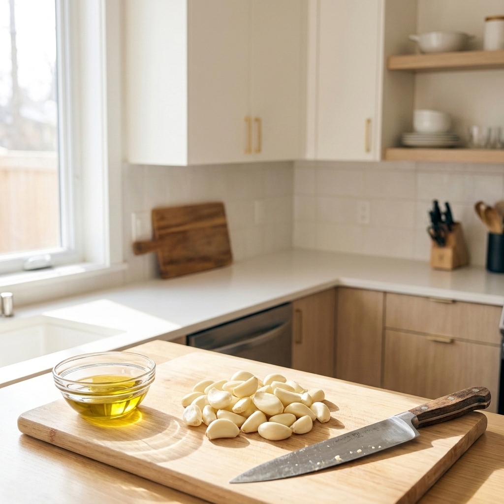 A pile of peeled garlic cloves on a wooden cutting board beside a chef's knife and a small bowl of olive oil on a kitchen counter
